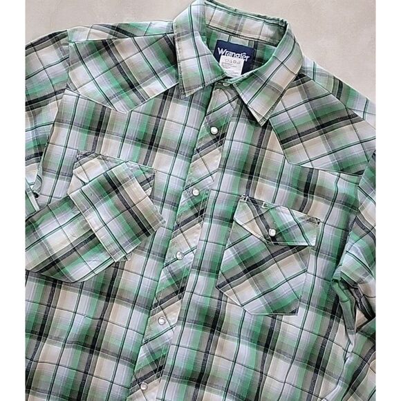 Wrangler Western Shirt mens long sleeve size‎ Medium green plaid pearl snap - Picture 2 of 9